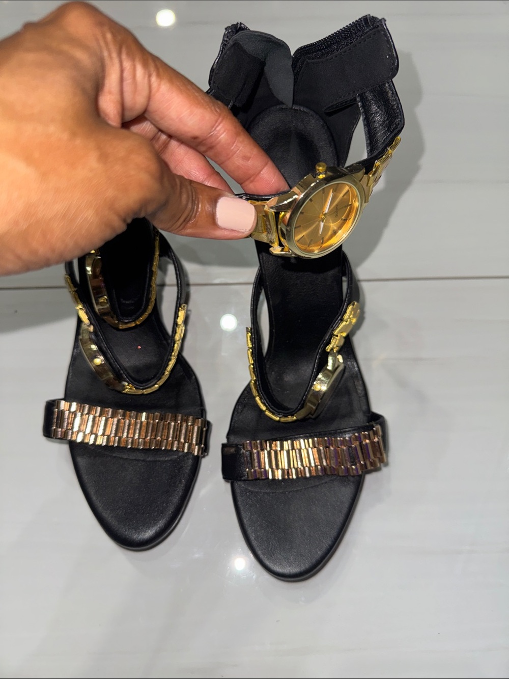 Black Dress Sandals with Gold Accents